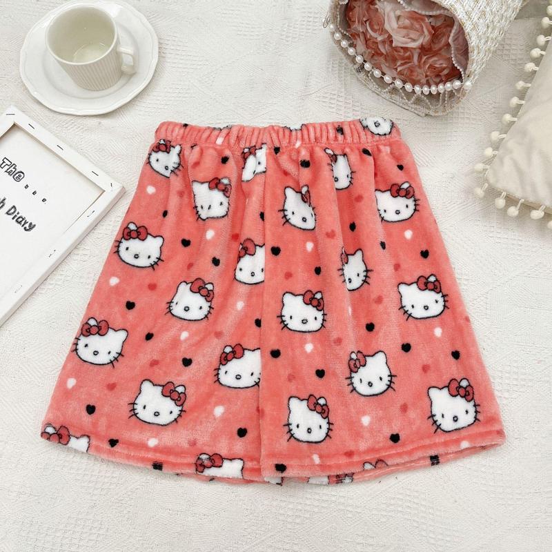 Casual Sports Shorts Flannel Cartoon Hello Kitty Women's Summer New Elastic Waist Pajama Pants Wide Leg Shorts Fashion